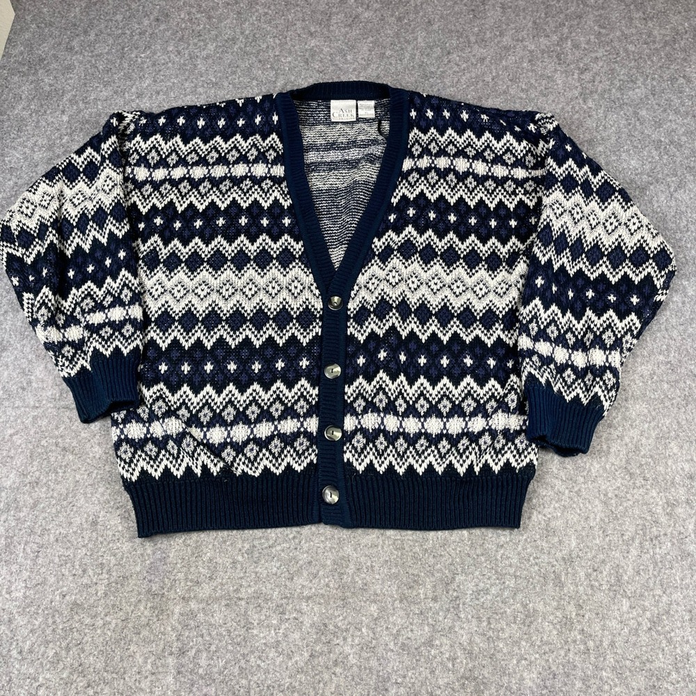 Ash Creek Trading Button Front Cardigan Sweater Mens Xl Navy Blue Fair Isle Knit